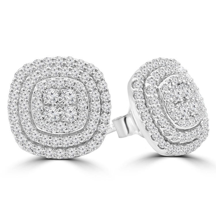 7/8 CTW Round Diamond Cluster Double Halo Stud Earrings in 14K White Gold (MDR210112)