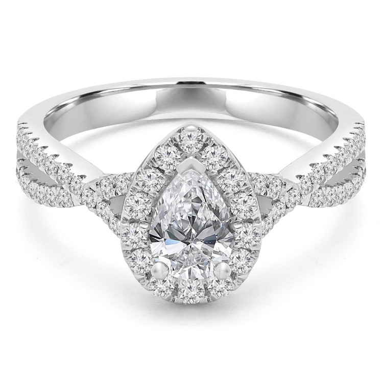 1 2/5 CTW Pear Diamond 3-Prong Twisted Shank Pear Halo Engagement Ring in 14K White Gold (MD210119)