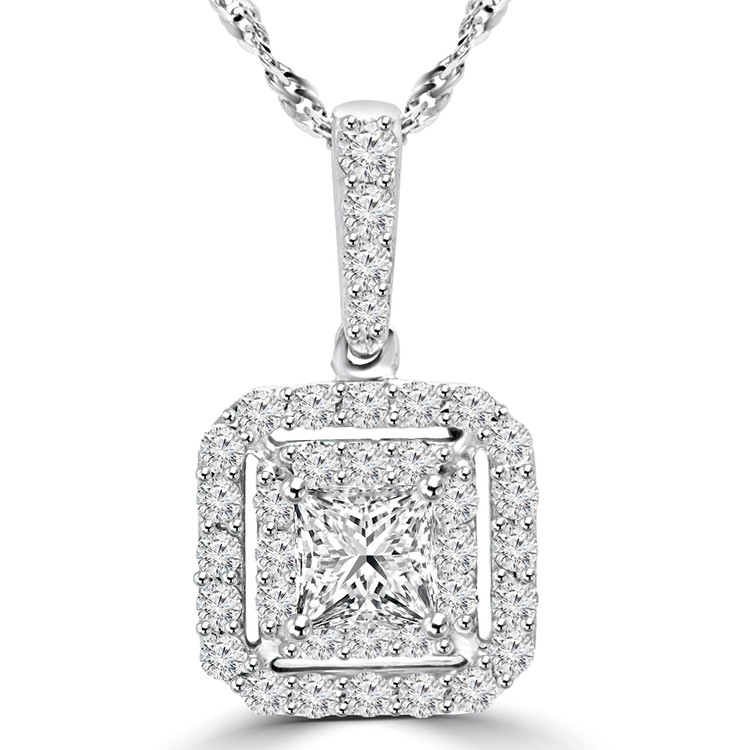 7/8 CTW Princess Diamond Double Cushion Halo Pendant Necklace in 14K White Gold (MD210231)
