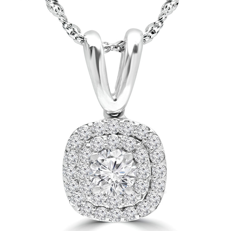 3/5 CTW Round Diamond Double Cushion Halo Pendant Necklace in 14K White Gold (MD210233)