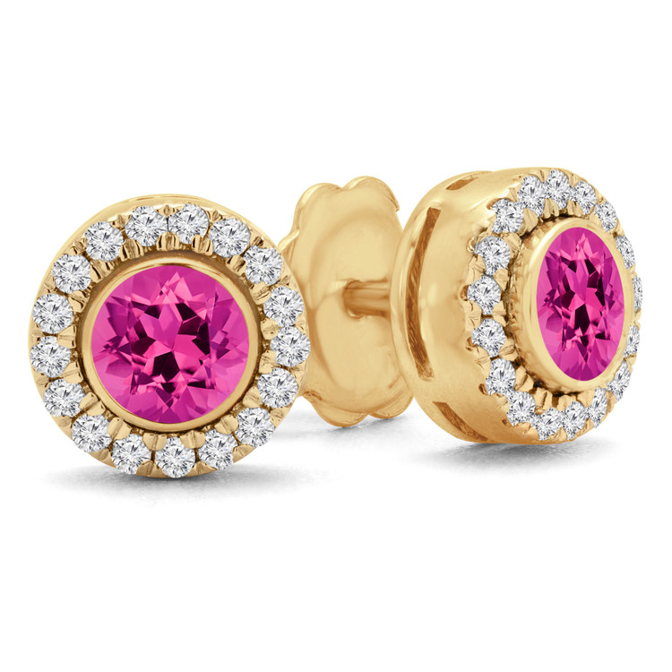 3/5 CTW Round Pink Tourmaline Bezel Set Halo Stud Earrings in 14K Yellow Gold (MD160027)