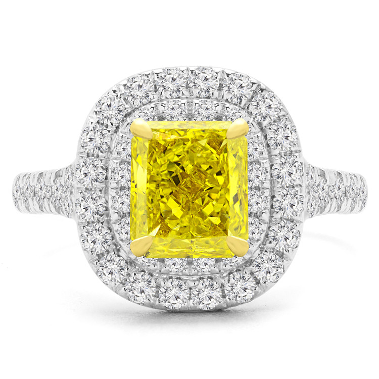 2 3/8 CTW Radiant Vivid Yellow Diamond  Double Halo Engagement Ring in 14K White Gold (MD170146)
