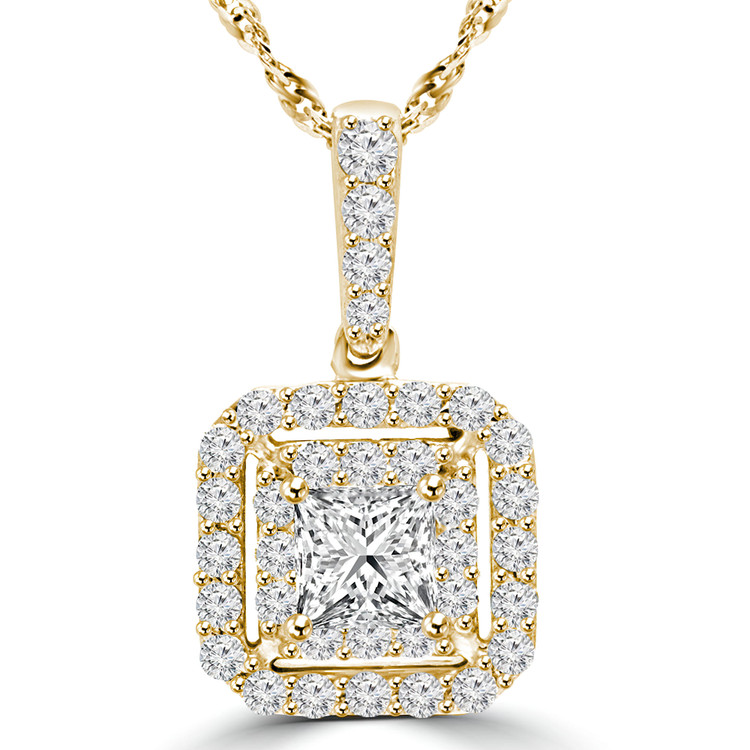 9/10 CTW Princess Diamond Double Halo Pendant Necklace in 14K Yellow Gold (MD170362)