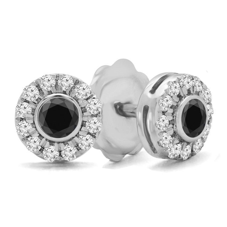 3/8 CTW Round Black Diamond Bezel Set Halo Stud Earrings in 14K White Gold (MD170398)
