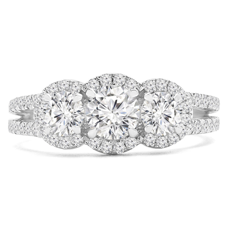 1 1/3 CTW Round Diamond Three-Stone Halo Engagement Ring in 14K White Gold (MD180058)