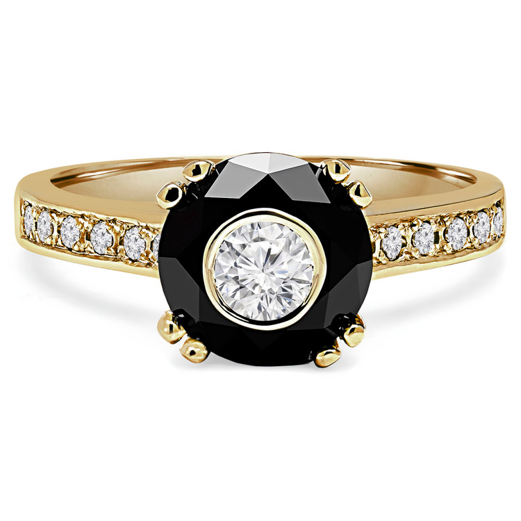 1 1/10 CTW Round Black Diamond Double Prong Simion Solitaire with Accents Engagement Ring in 14K Yellow Gold (MD180611)