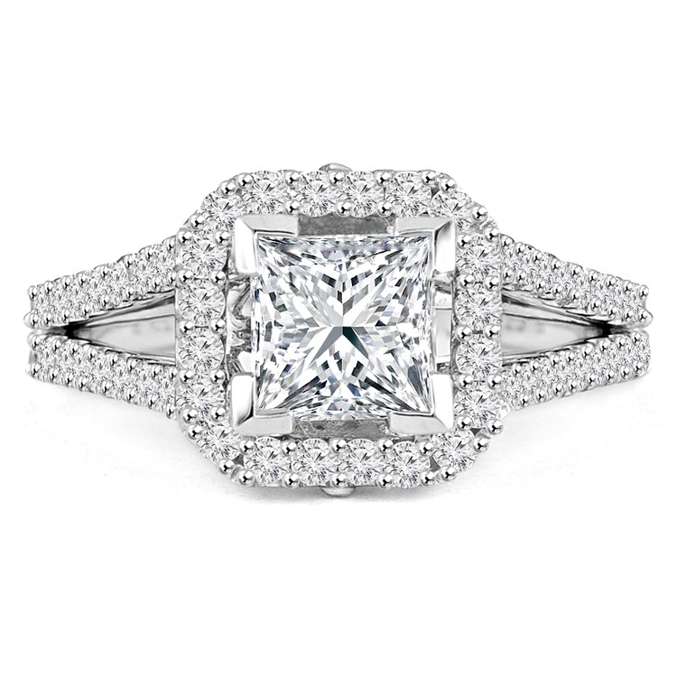 1 3/5 CTW Princess Diamond Split Shank Princess Halo Engagement Ring in 18K White Gold with Accents (MD190208)