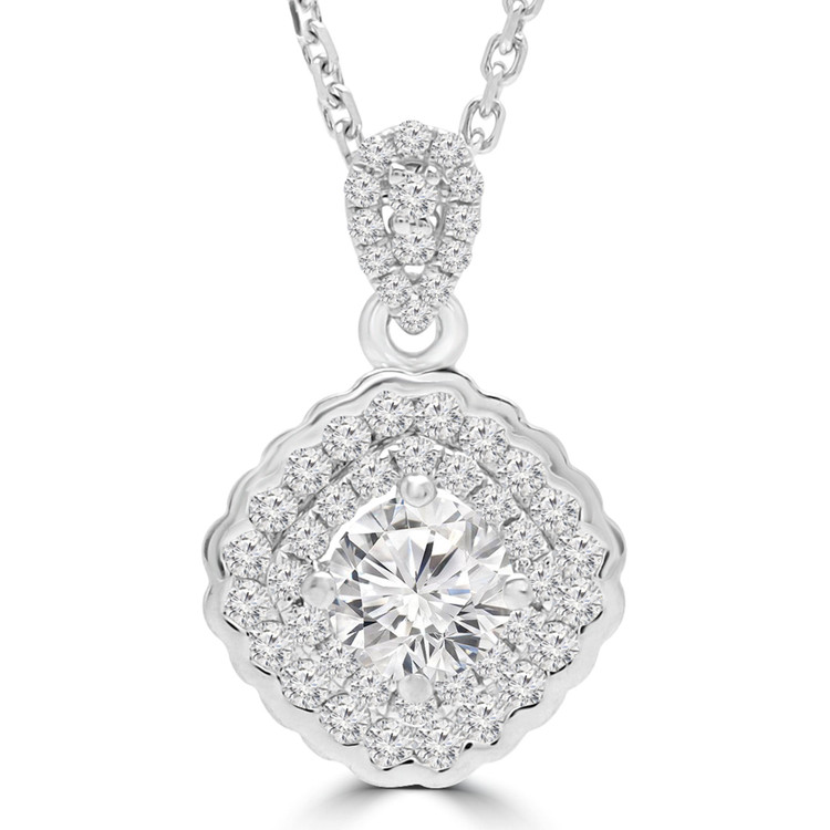 2/3 CTW Round Diamond Double Cushion Halo Pendant Necklace in 18K White Gold (MD190527)