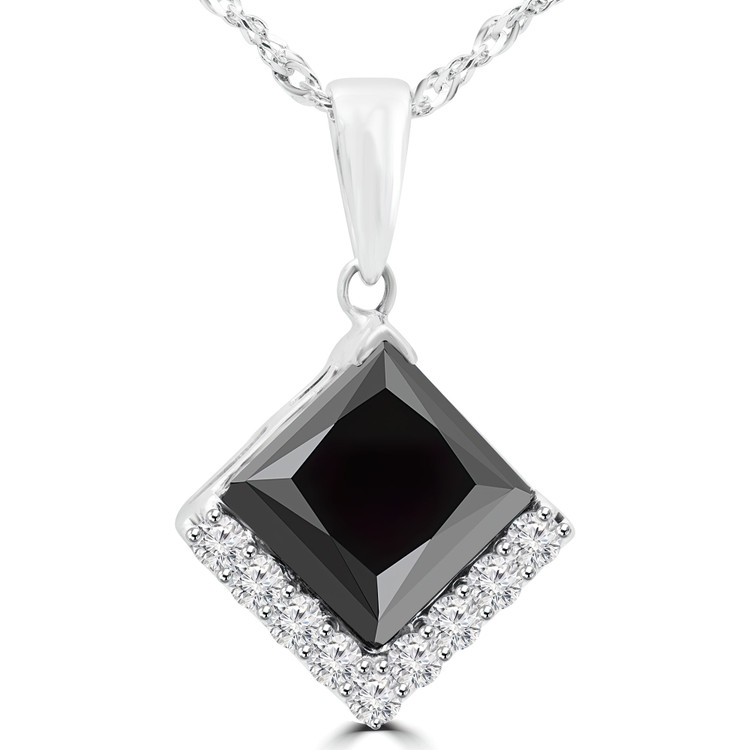 3 3/8 CTW Princess Black Diamond Solitaire with Accents Pendant Necklace in 14K White Gold (MD200210)