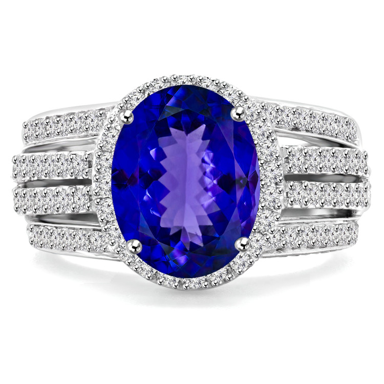 3 3/8 CTW Oval Purple Tanzanite 4-Row Split Shank Hidden Halo Cocktail Engagement Ring in 14K White Gold with Accents (MD200216)