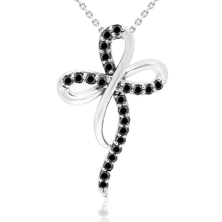 1/2 CTW Round Black Diamond Clover Cross Pendant Necklace in 14K White Gold (MD200247)