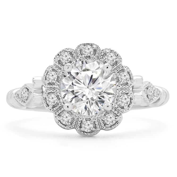 1 1/6 CTW Round Diamond Floral Vintage Halo Engagement Ring in 14K White Gold with Accents (MD200300)