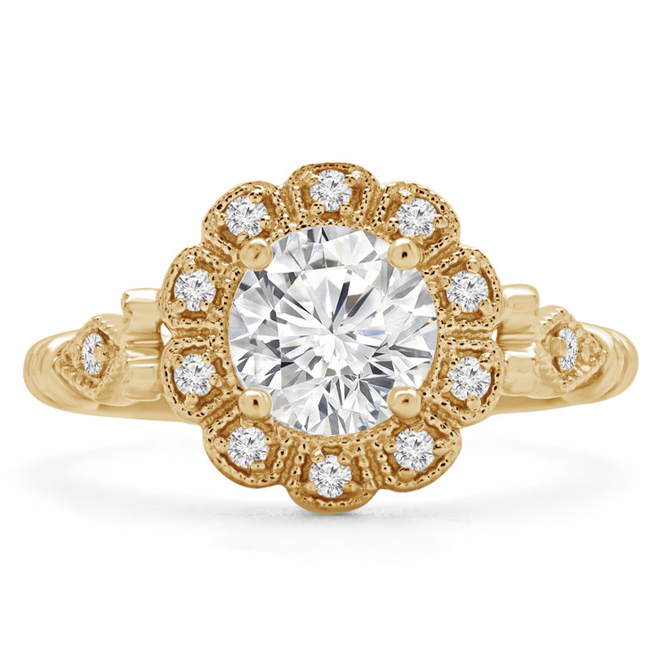 1 1/7 CTW Round Diamond Floral Vintage Halo Engagement Ring in 14K Yellow Gold with Accents (MD200326)