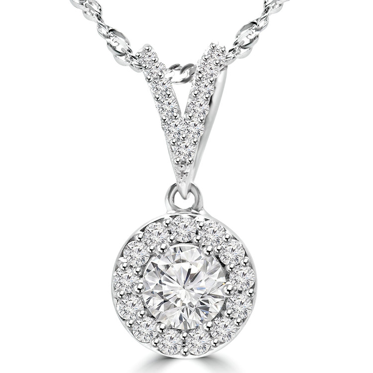 9/10 CTW Round Diamond Halo Pendant Necklace in 14K White Gold (MD200378)