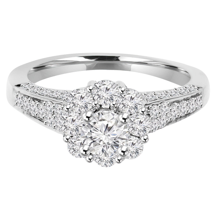 1 1/7 CTW Round Diamond Floral Halo Engagement Ring in 14K White Gold with Accents (MD200482)