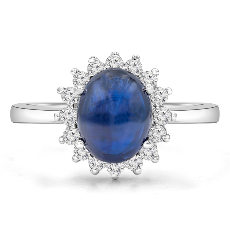 3 1/2 CTW Cabochon Blue Sapphire Oval Halo Cocktail Engagement Ring in 14K White Gold (MD200534)