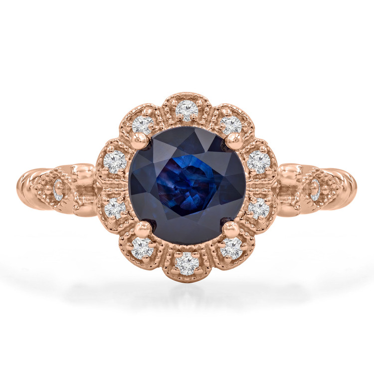 1 2/5 CTW Round Blue Sapphire Vintage Halo Cocktail Engagement Ring in 14K Rose Gold (MD200536)
