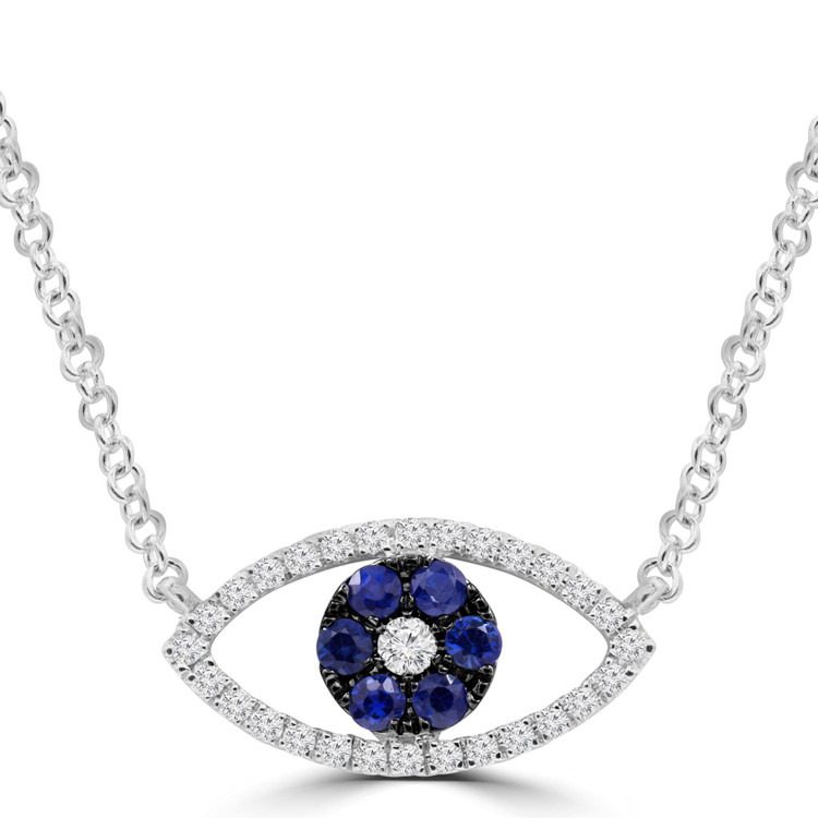 1/3 CTW Round Blue Sapphire Evil eye Necklace in 18K White Gold (MDR220019)