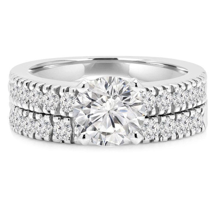 1 3/5 CTW Round Diamond Solitaire with Accents Engagement Ring and Wedding Band Set Ring in 14K White Gold (MD220096)