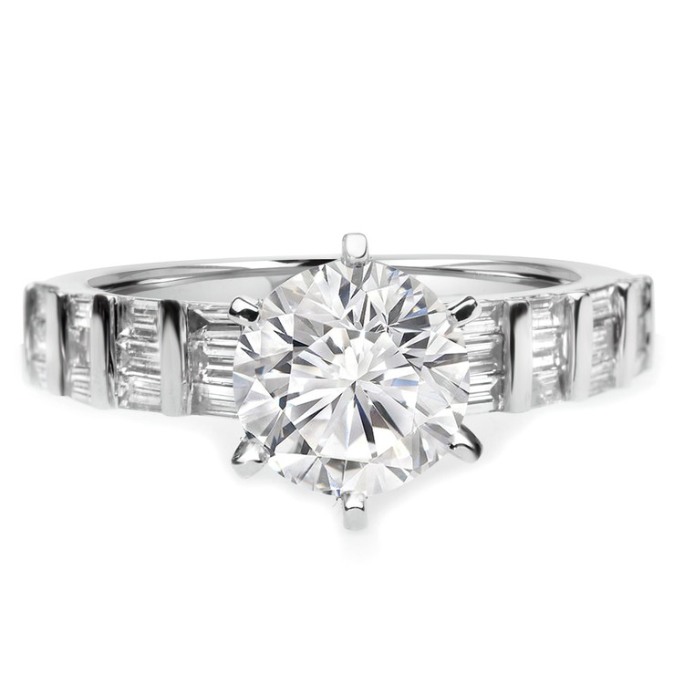 1 1/2 CTW Round Diamond 6-Prong Solitaire with Accents Engagement Ring in 14K White Gold with Baguette Accents (MD220145)