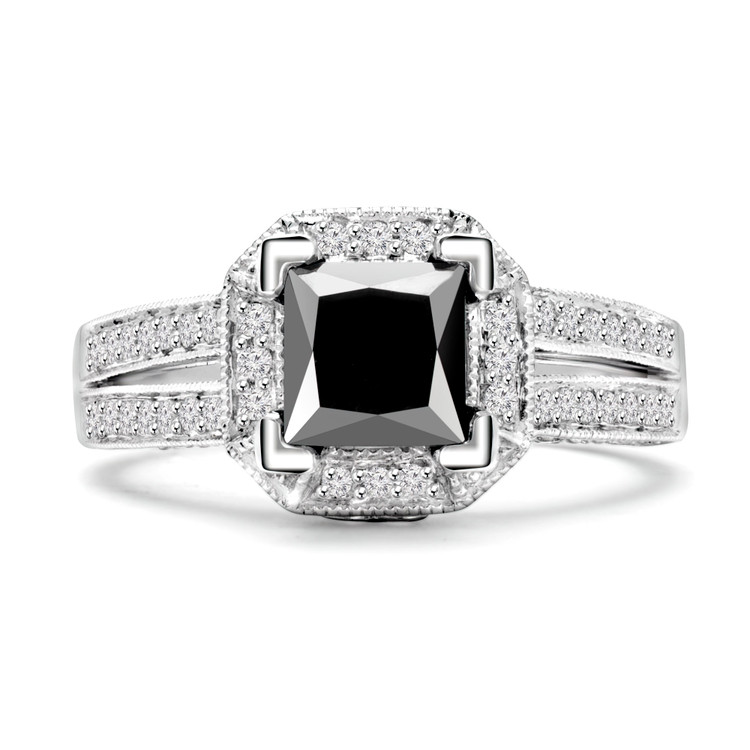 1 1/4 CTW Princess Black Diamond Two-row Split-Shank Cushion Halo Engagement Ring in 14K White Gold with Accents (MD220152)