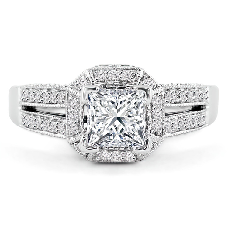 1 1/5 CTW Princess Diamond Two-row Split-Shank Cushion Halo Engagement Ring in 14K White Gold with Accents (MD220153)