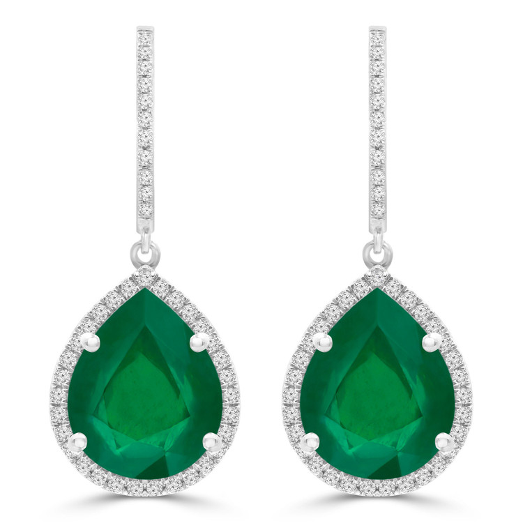 8 9/10 CTW Pear Green Emerald Pear Halo Drop/Dangle Earrings in 14K White Gold (MDR220060)