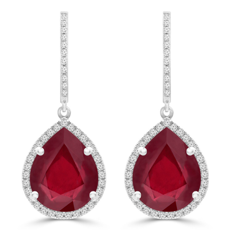 12 1/2 CTW Pear Red Ruby Pear Halo Drop/Dangle Earrings in 14K White Gold (MDR220061)