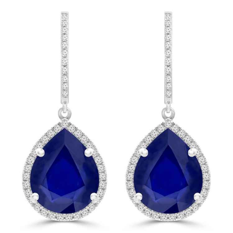 11 1/2 CTW Pear Blue Sapphire Pear Halo Drop/Dangle Earrings in 14K White Gold (MDR220062)