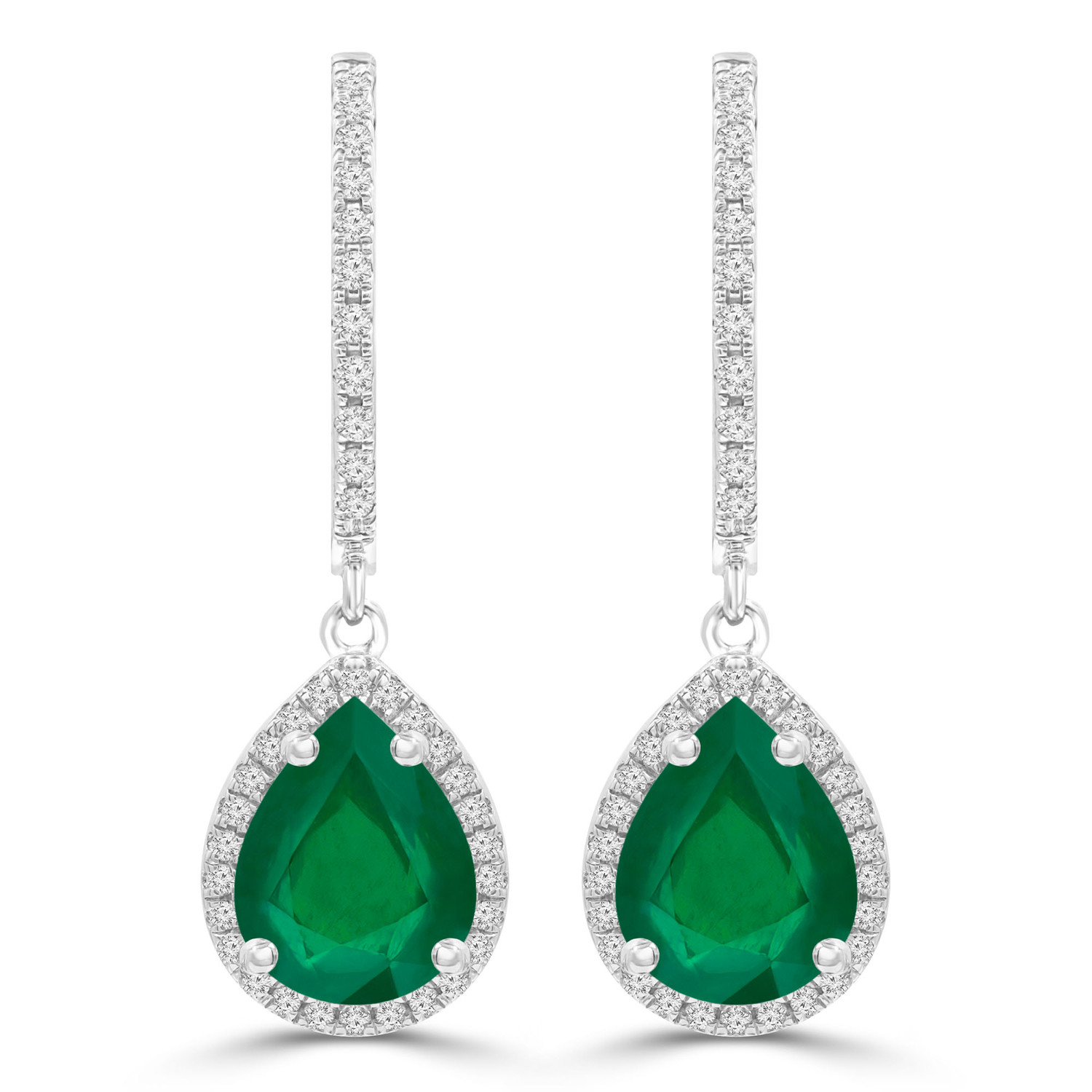 2 1/4 CTW Pear Green Emerald Pear Halo Drop/Dangle Earrings in 14K White Gold (MDR220065)