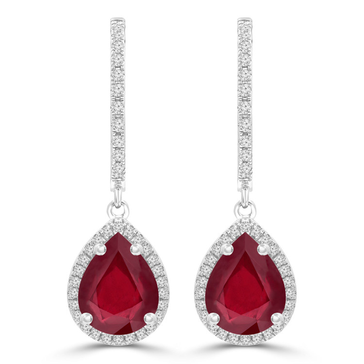 2 3/4 CTW Pear Red Ruby Pear Halo Drop/Dangle Earrings in 14K White Gold (MDR220066)