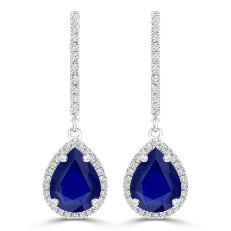 2 3/4 CTW Pear Blue Sapphire Pear Halo Drop/Dangle Earrings in 14K White Gold (MDR220067)