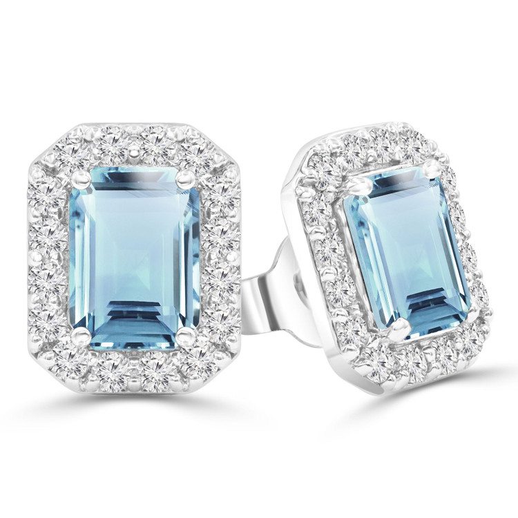 2 1/5 CTW Emerald Blue Topaz Emerald Halo Stud Earrings in 14K White Gold (MDR220073)