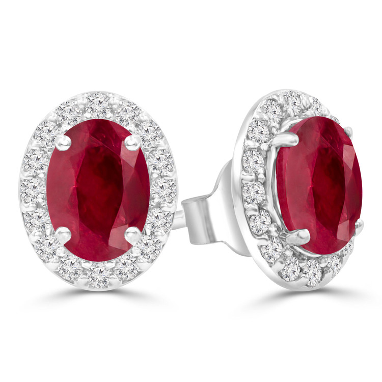 2 3/4 CTW Oval Red Ruby Oval Halo Stud Earrings in 14K White Gold (MDR220076)