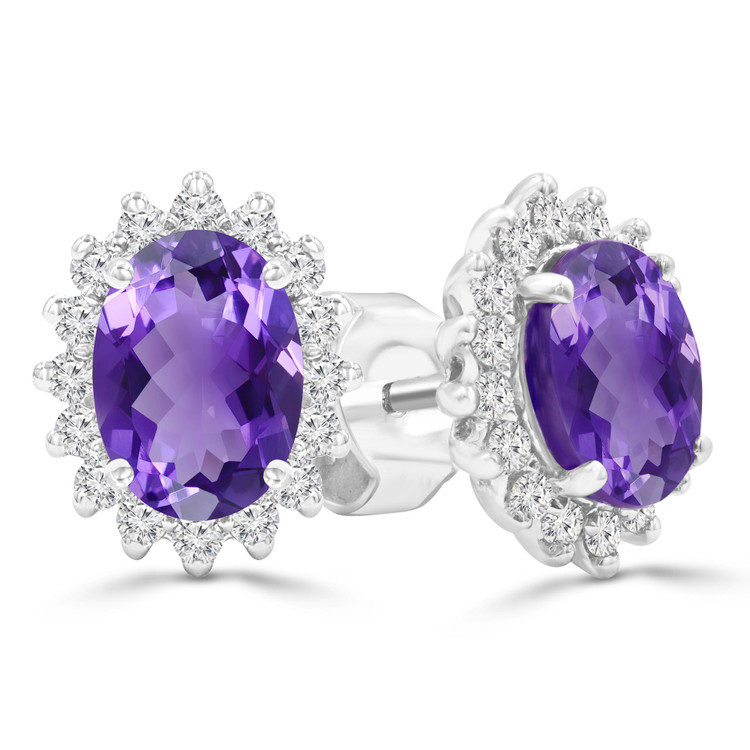 1 3/5 CTW Oval Purple Amethyst Oval Floral Halo Stud Earrings in 14K White Gold (MDR220079)