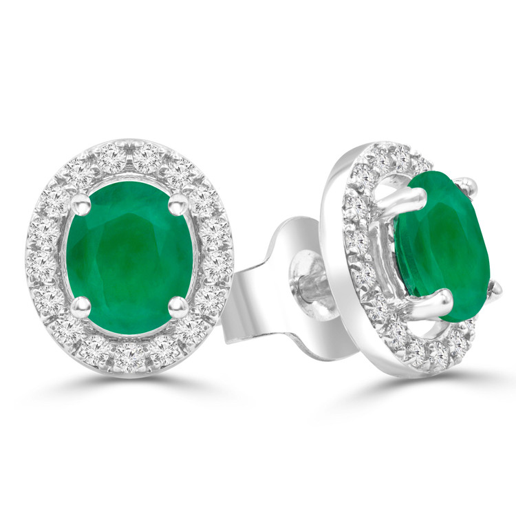 4/5 CTW Oval Green Emerald Oval Halo Stud Earrings in 14K White Gold (MDR220085)