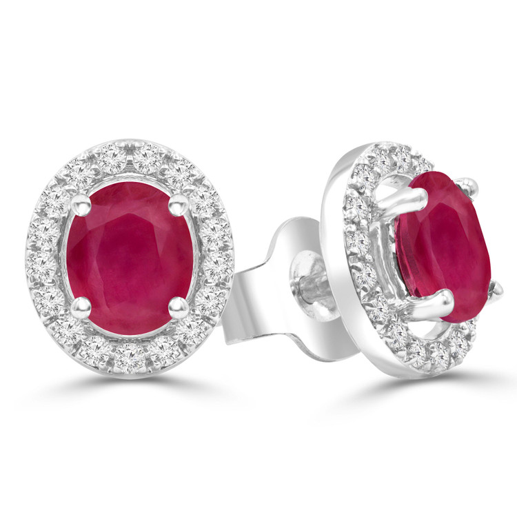 1 1/3 CTW Oval Red Ruby Oval Halo Stud Earrings in 14K White Gold (MDR220086)