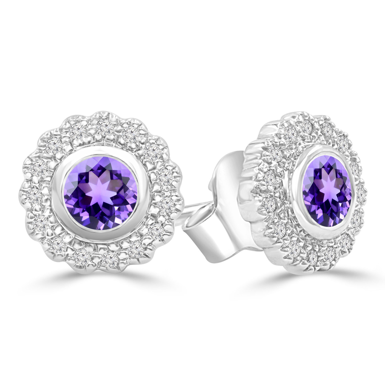 5/8 CTW Round Purple Amethyst Floral Halo Bezel Set Stud Earrings in 14K White Gold (MDR220099)