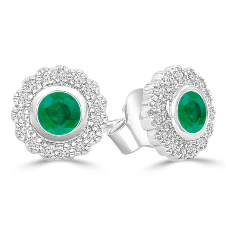 1/2 CTW Round Green Emerald Floral Halo Bezel Set Stud Earrings in 14K White Gold (MDR220100)