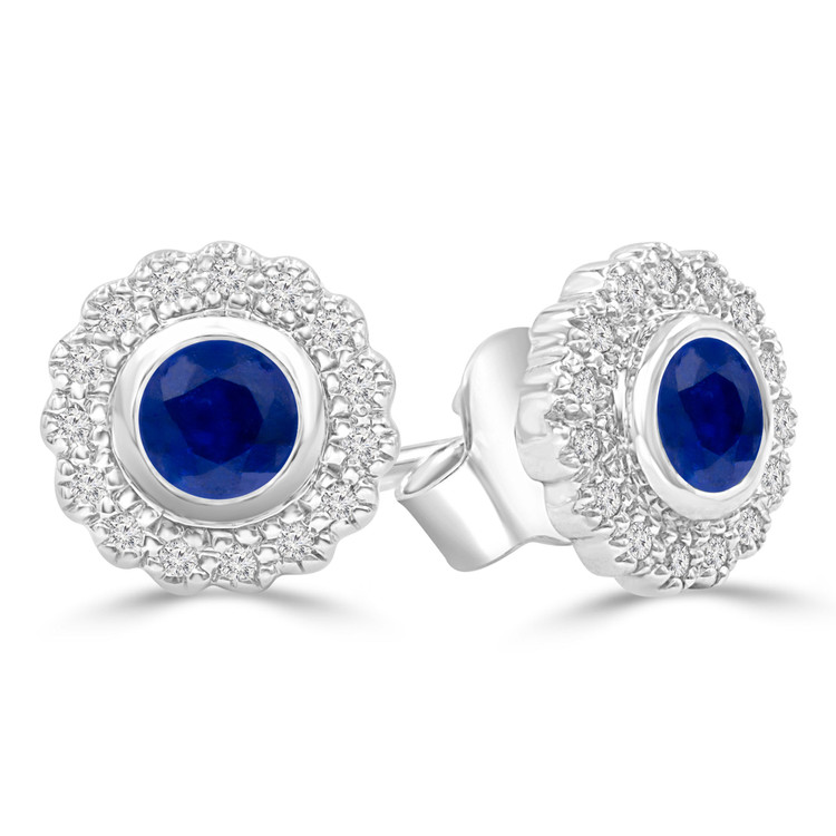 3/4 CTW Round Blue Sapphire Floral Halo Bezel Set Stud Earrings in 14K White Gold (MDR220102)