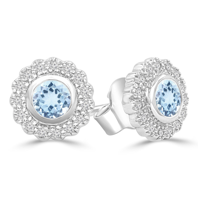 2/3 CTW Round Blue Topaz Floral Halo Bezel Set Stud Earrings in 14K White Gold (MDR220103)