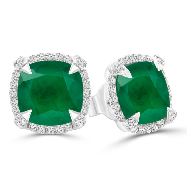3 4/5 CTW Cushion Green Emerald Cushion Halo Claw Prong Stud Earrings in 14K White Gold (MDR220110)