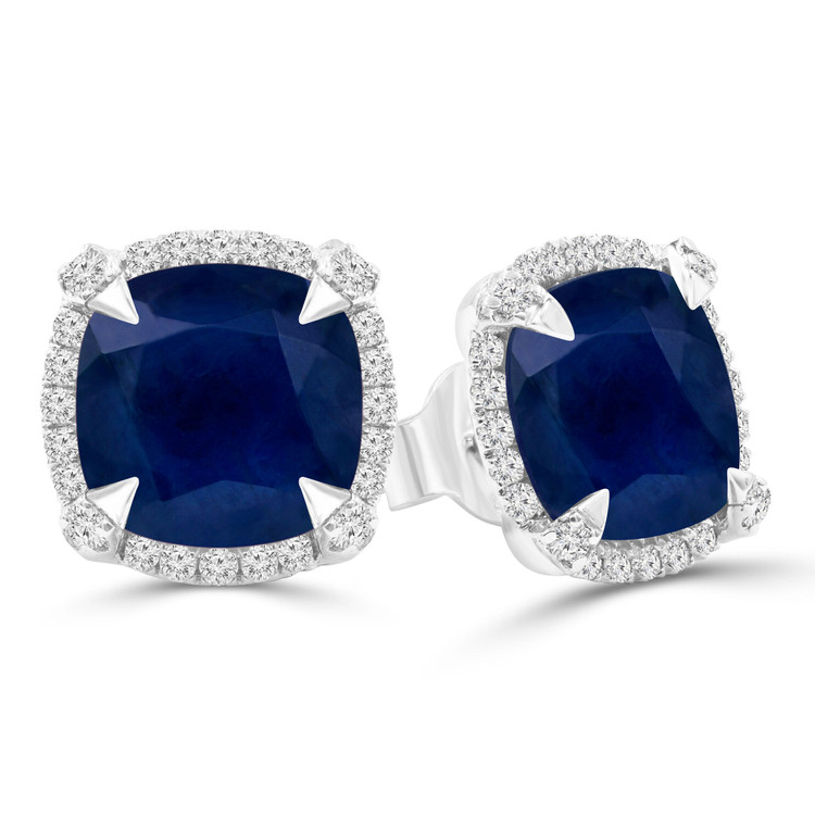 5 CTW Cushion Blue Sapphire Cushion Halo Claw Prong Stud Earrings in 14K White Gold (MDR220112)