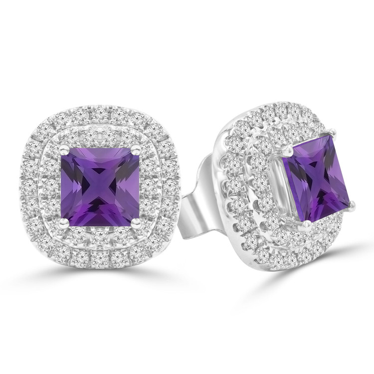 9/10 CTW Princess Purple Amethyst Double Cushion Halo Stud Earrings in 14K White Gold (MDR220114)