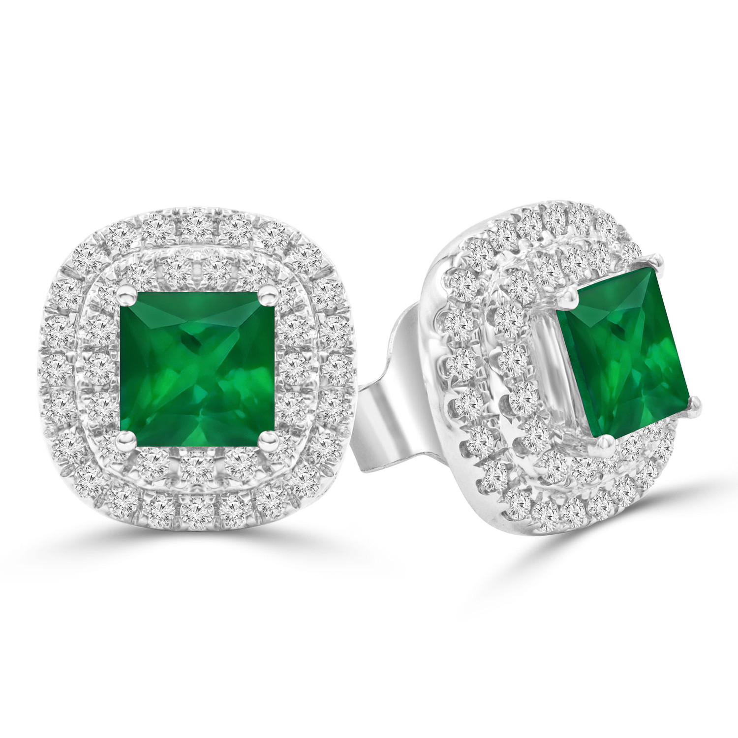 1 1/20 CTW Princess Green Emerald Double Cushion Halo Stud Earrings in 14K White Gold (MDR220115)