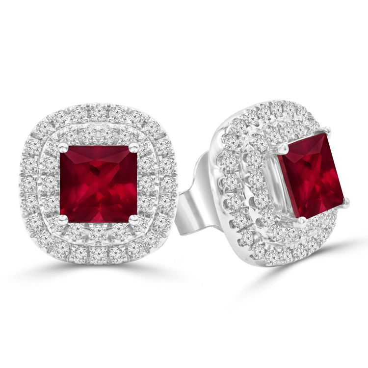 1 3/8 CTW Princess Red Ruby Double Cushion Halo Stud Earrings in 14K White Gold (MDR220116)