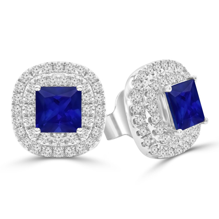 1 1/4 CTW Princess Blue Sapphire Double Cushion Halo Stud Earrings in 14K White Gold (MDR220117)