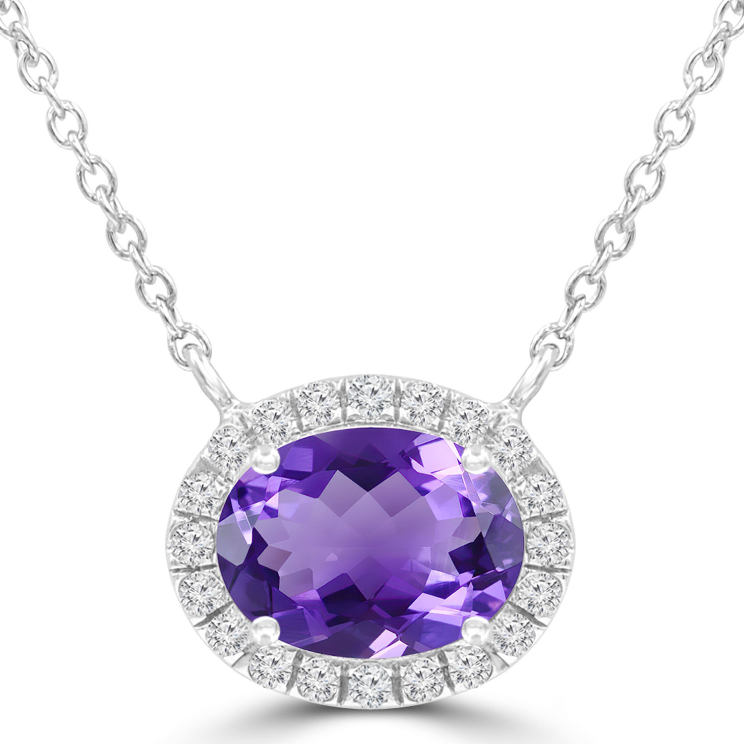 1 1/4 CTW Oval Purple Amethyst Oval Halo  Necklace in 14K White Gold With Diamond Accent on Chain (MDR220119)