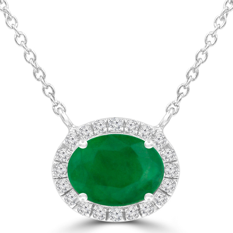 1 1/8 CTW Oval Green Emerald Oval Halo  Necklace in 14K White Gold With Diamond Accent on Chain (MDR220120)