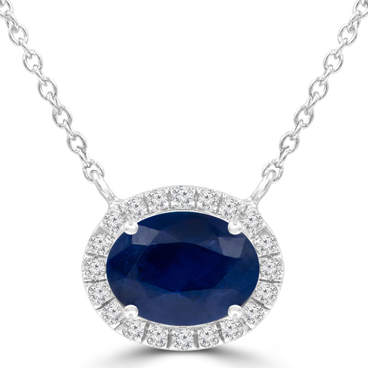 2 1/20 CTW Oval Blue Sapphire Oval Halo  Necklace in 14K White Gold With Diamond Accent on Chain (MDR220122)